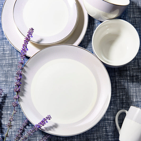 CHARLOTTE PORCELAIN 16 PC DINNERWARE SET 10.5"DP, 7.5"S, 5.5"BWL, 12oz M RB