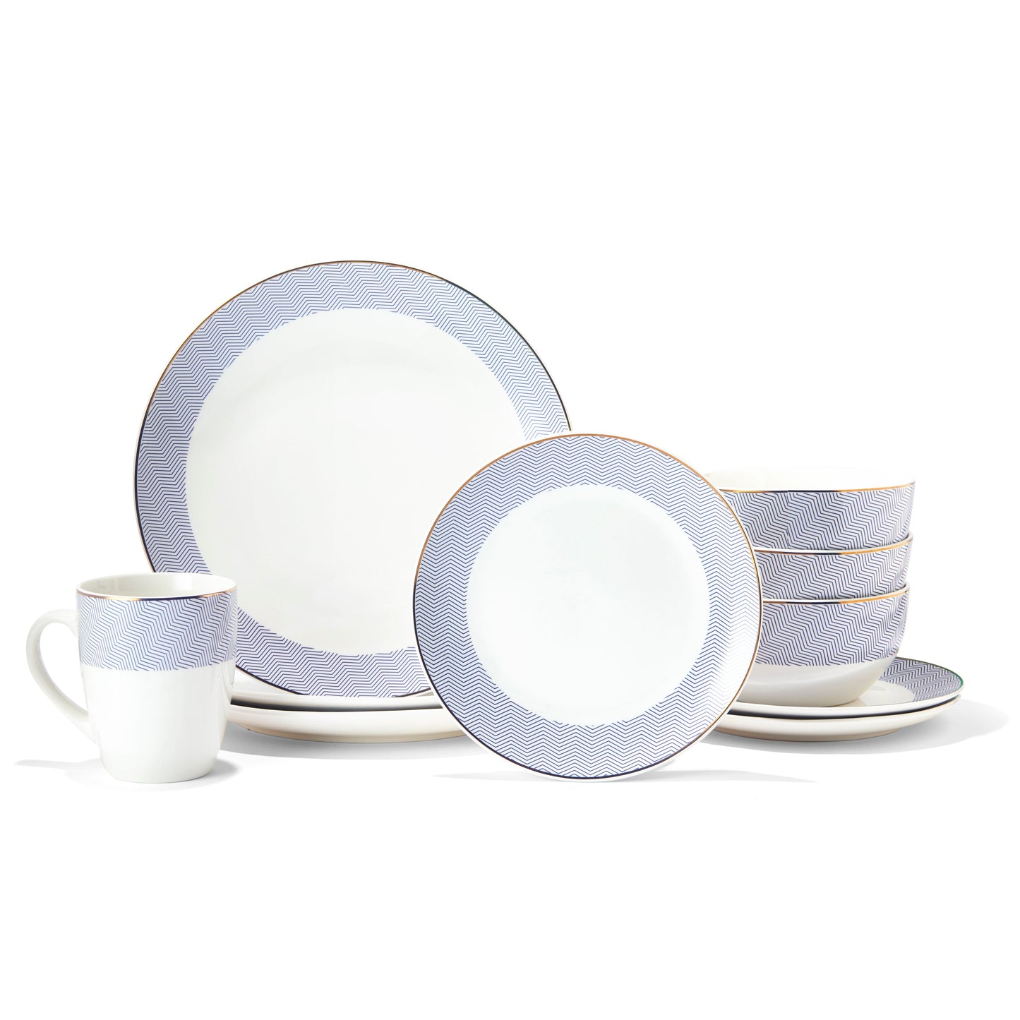 LORRAINE PORCELAIN 16 PC DINNERWARE SET 10.5"DP, 7.5"S, 5.5"BWL, 12oz M RB