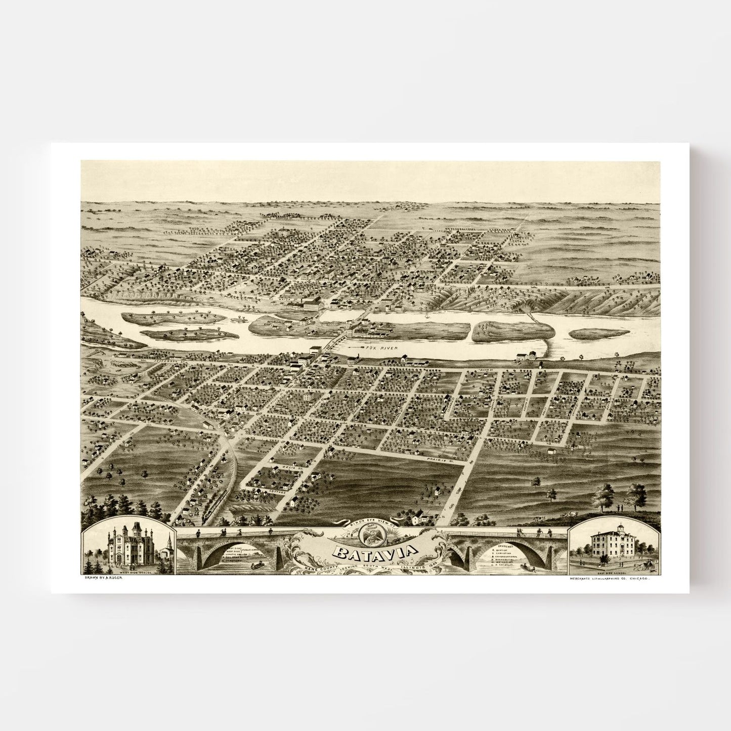 Vintage Map of Batavia, Illinois 1869