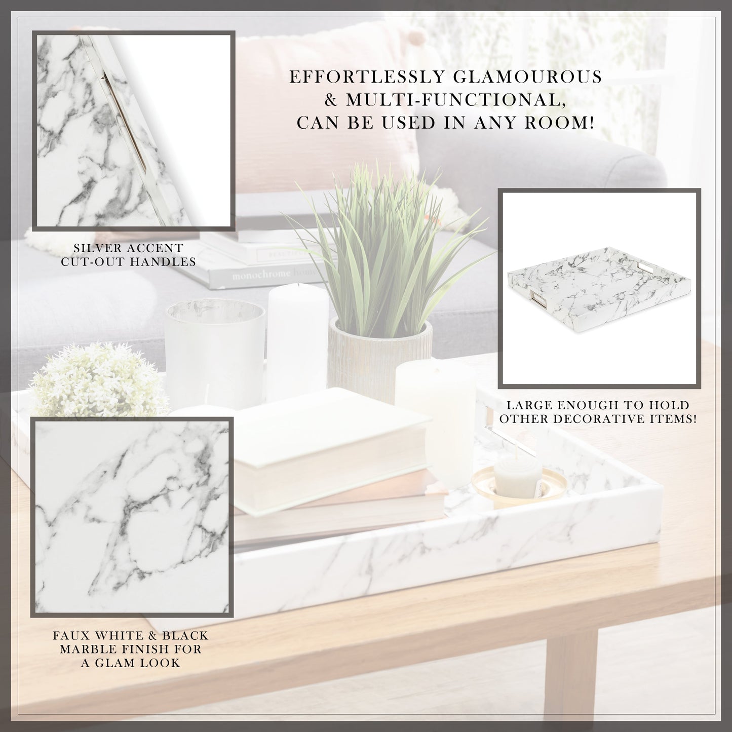 Marble-Style Square Tray with Silver Handles for Elegant Use