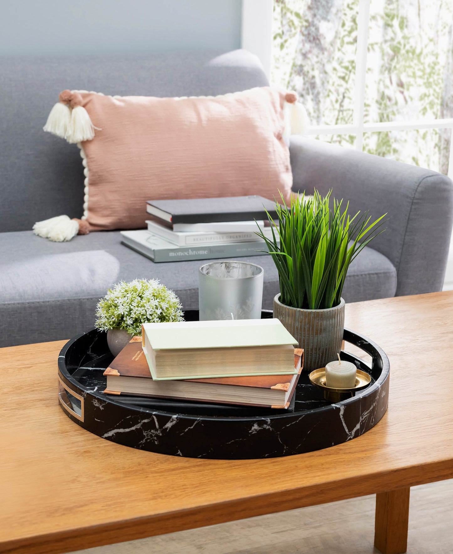 Black Marble-Style Round Tray with Silver Handles for Elegant Use
