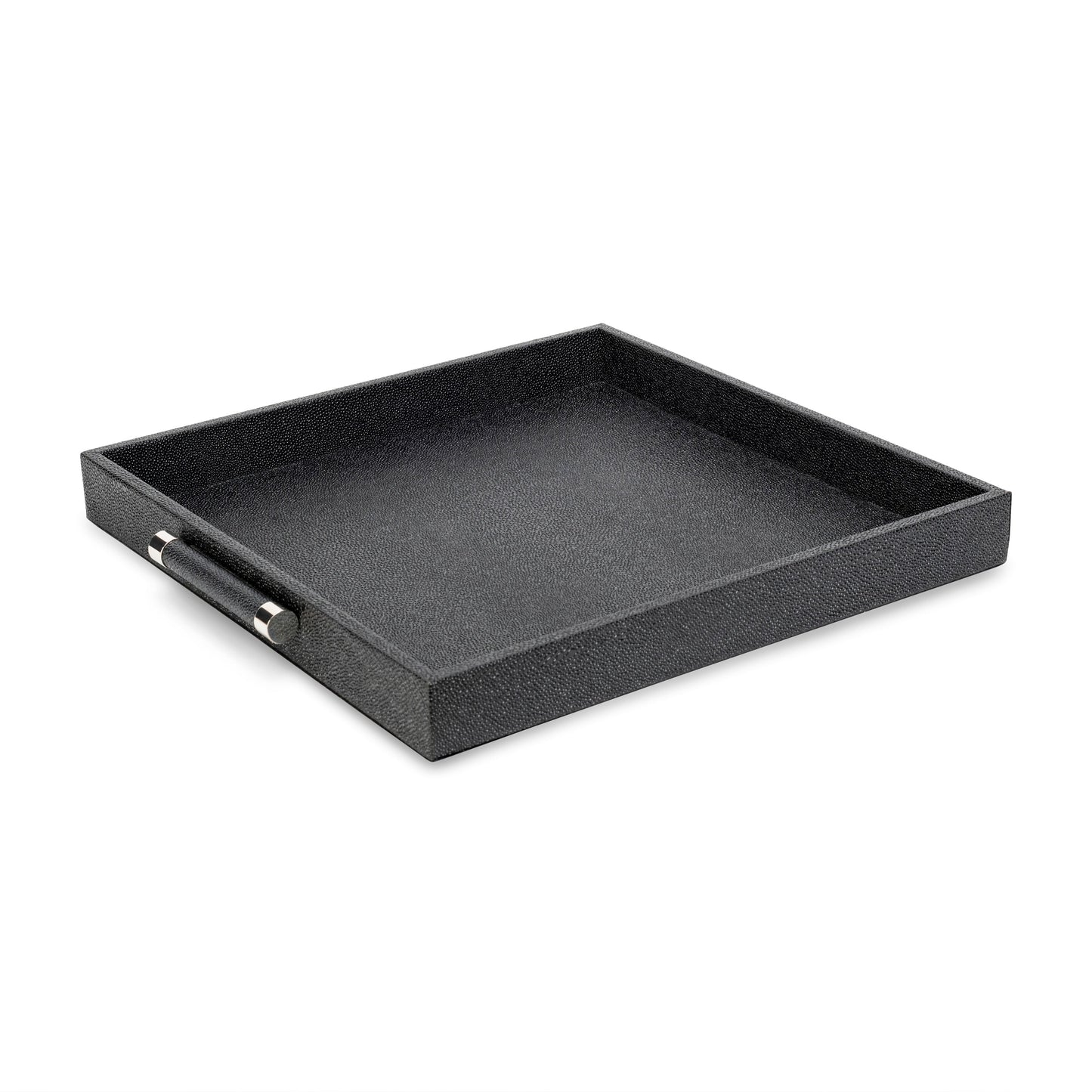 Black Shagreen Square Tray with Silver Handles for Modern Elegance