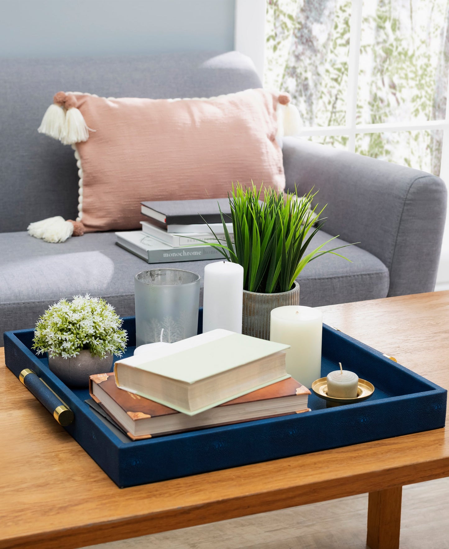 Navy Shagreen Square Tray with Gold Handles for a Luxurious Touch