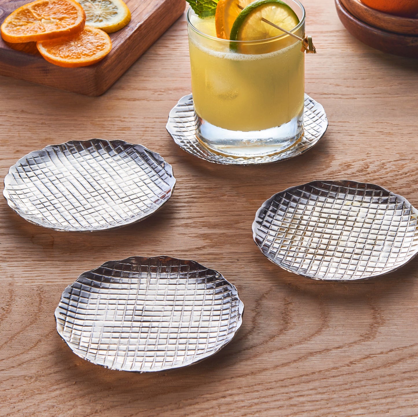 Set of 4 Silver Checkered Metal Coasters for Elegant Surface Protection