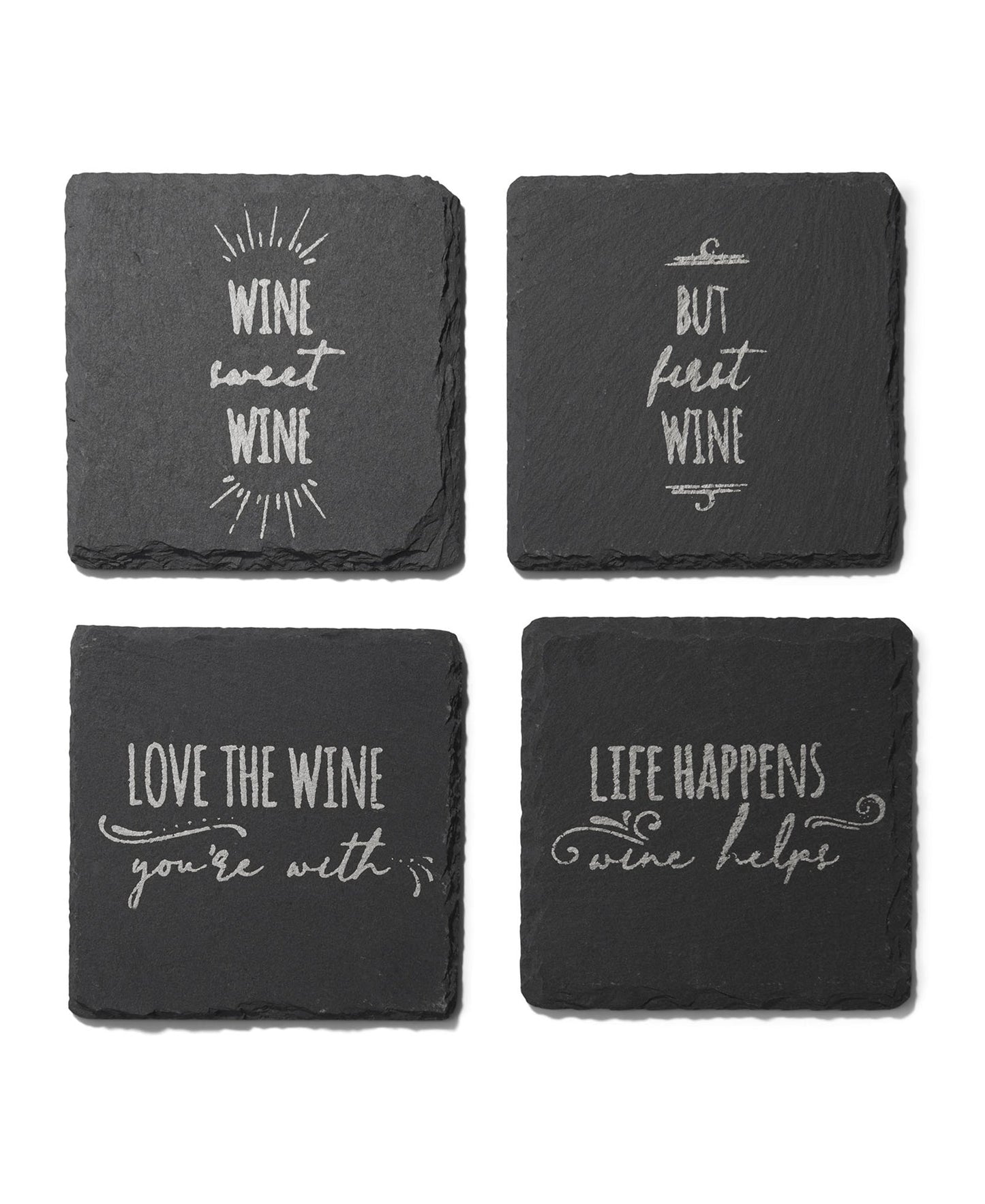 Life Happens - Wine Helps Slate Silver Coasters - Set of 4