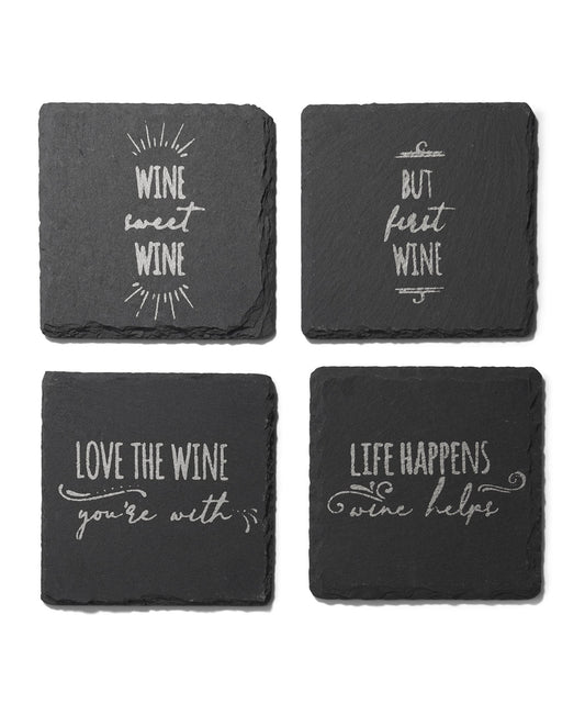 Life Happens - Wine Helps Slate Silver Coasters - Set of 4