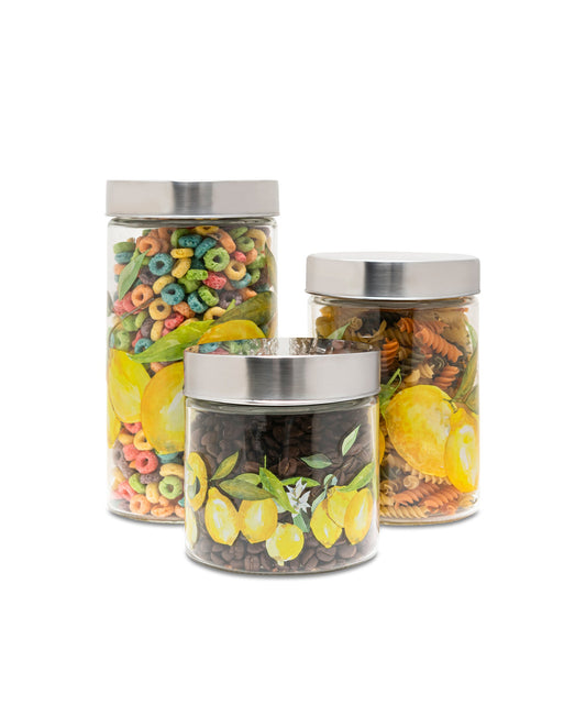 LEMON BRANCHES SET OF 3 GLASS CANISTERS WITH SILVER LID 59oz, 44 oz, 30 oz 4.33x4.33x8.66", 4.33x4.33x6.69", 4.33x4.33x5.11"