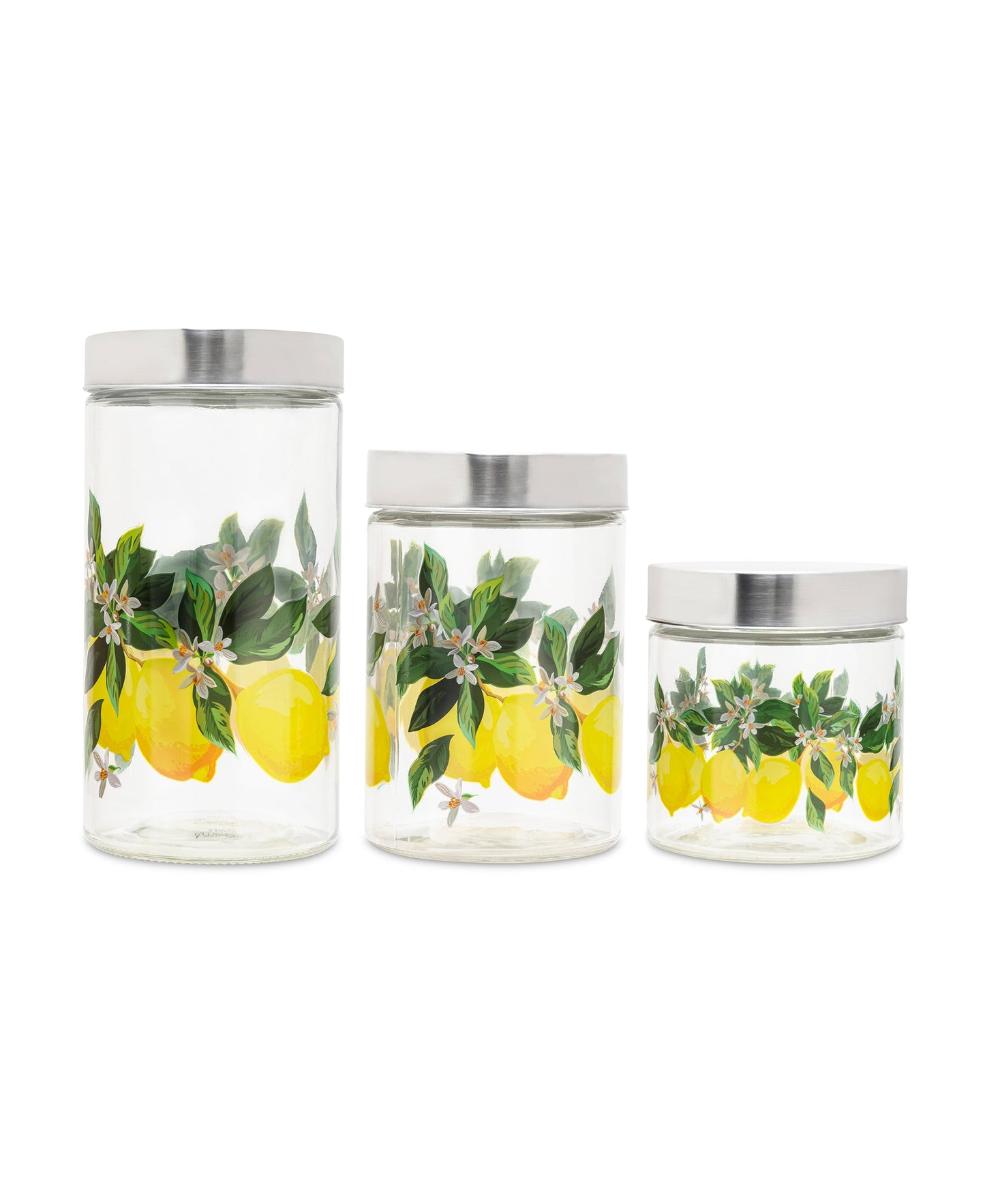 MEYER LEMONS SET OF 3 GLASS CANISTERS W/SILVER LIDS 59 oz, 44 oz, 30 oz RB 4.33x4.33x8.66", 4.33x4.33x6.69", 4.33x4.33x5.11"