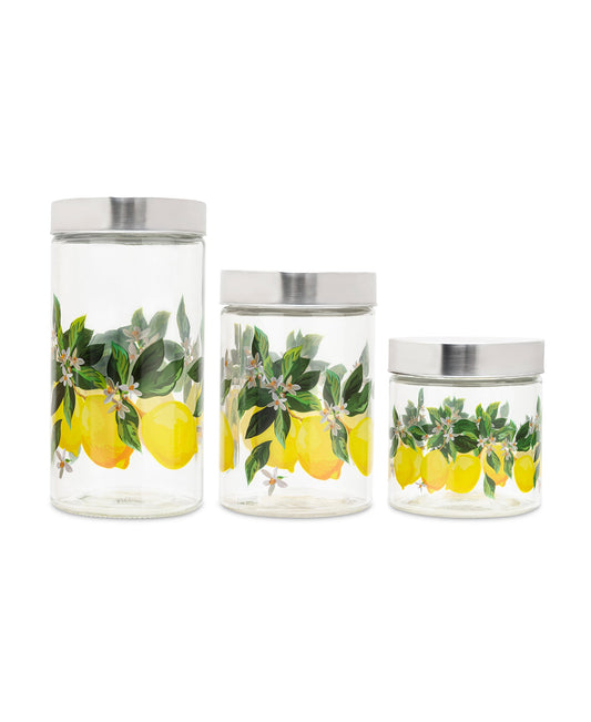 MEYER LEMONS SET OF 3 GLASS CANISTERS W/SILVER LIDS 59 oz, 44 oz, 30 oz RB 4.33x4.33x8.66", 4.33x4.33x6.69", 4.33x4.33x5.11"