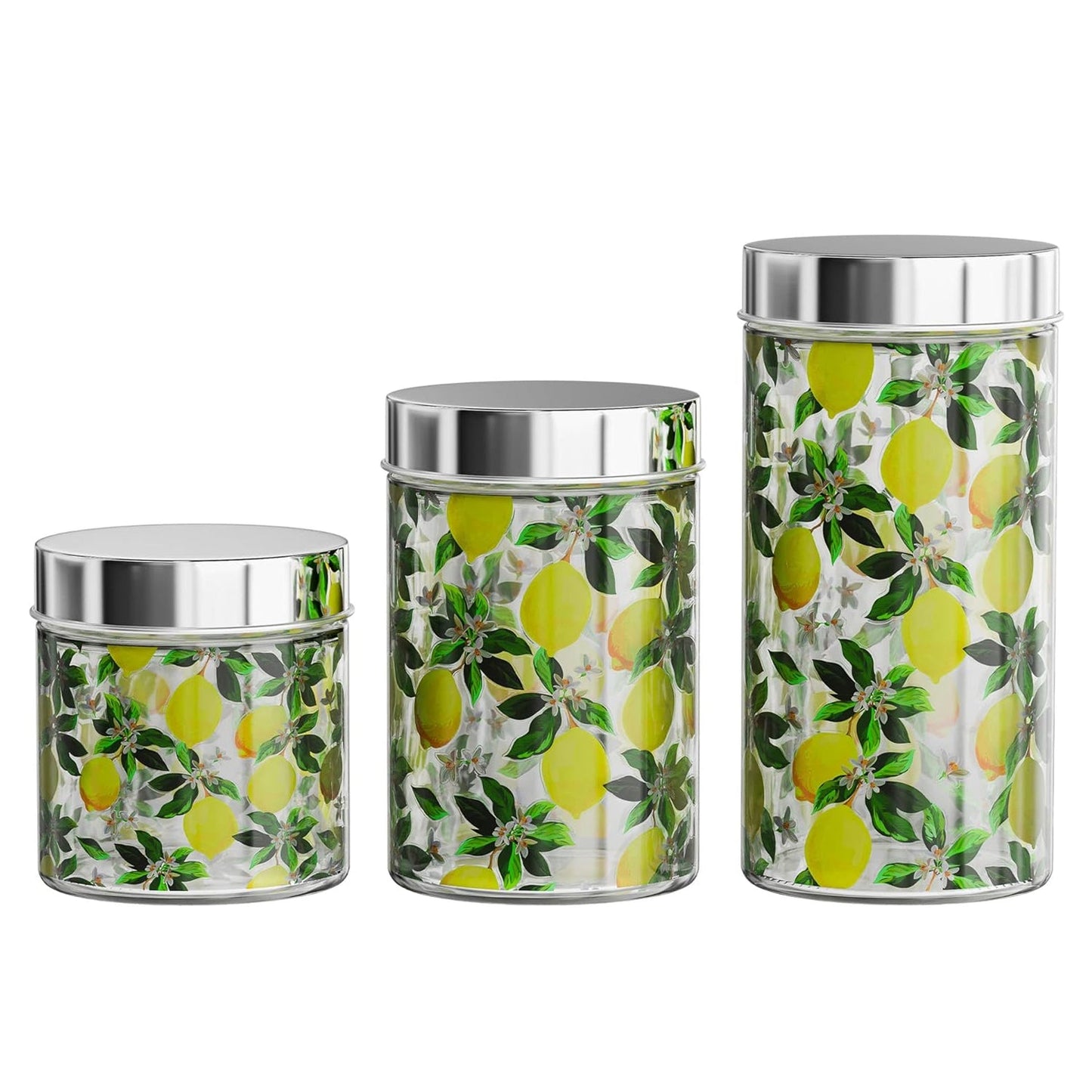 BLOSSOMS & LEMONS SET OF 3 GLASS CANISTERS WITH SILVER LIDS 59 oz, 44 oz, 30 oz RB