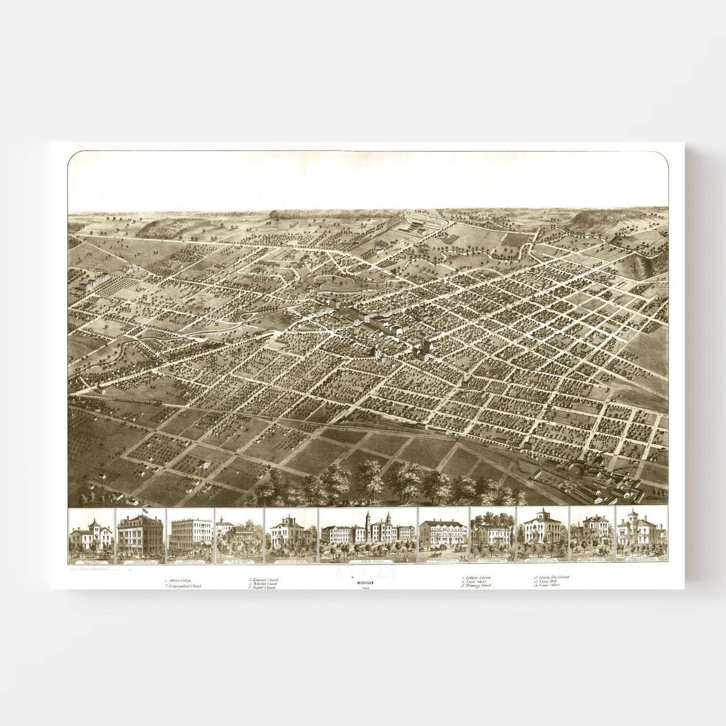 Vintage Map of Adrian, Michigan 1866