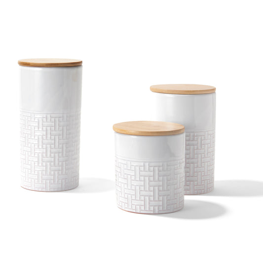 LABYRINTH EMBOSSED SET OF 3 CANISTERS WITH BAMBOO LID, SM 4.25”Dx4.75”H, 26 oz; MD 6.5”H 35oz; LG 8.2”H 45oz