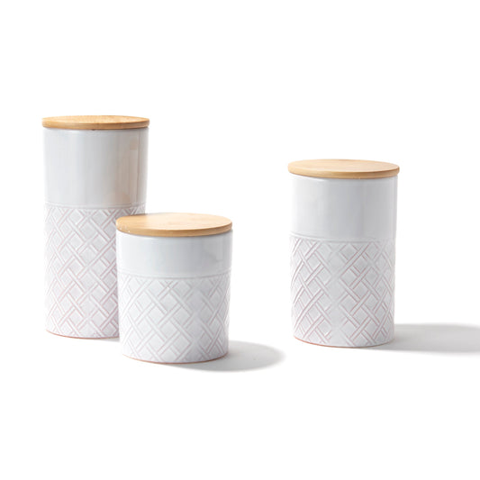 DIAMOND EMBOSSED SET OF 3 CANISTERS WITH BAMBOO LID SM 4.25”Dx4.75”H, 26 oz; MD 6.5”H 35oz; LG 8.2”H 45oz