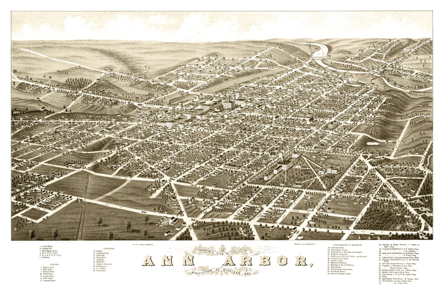 Vintage Map of Ann Arbor, Michigan 1880