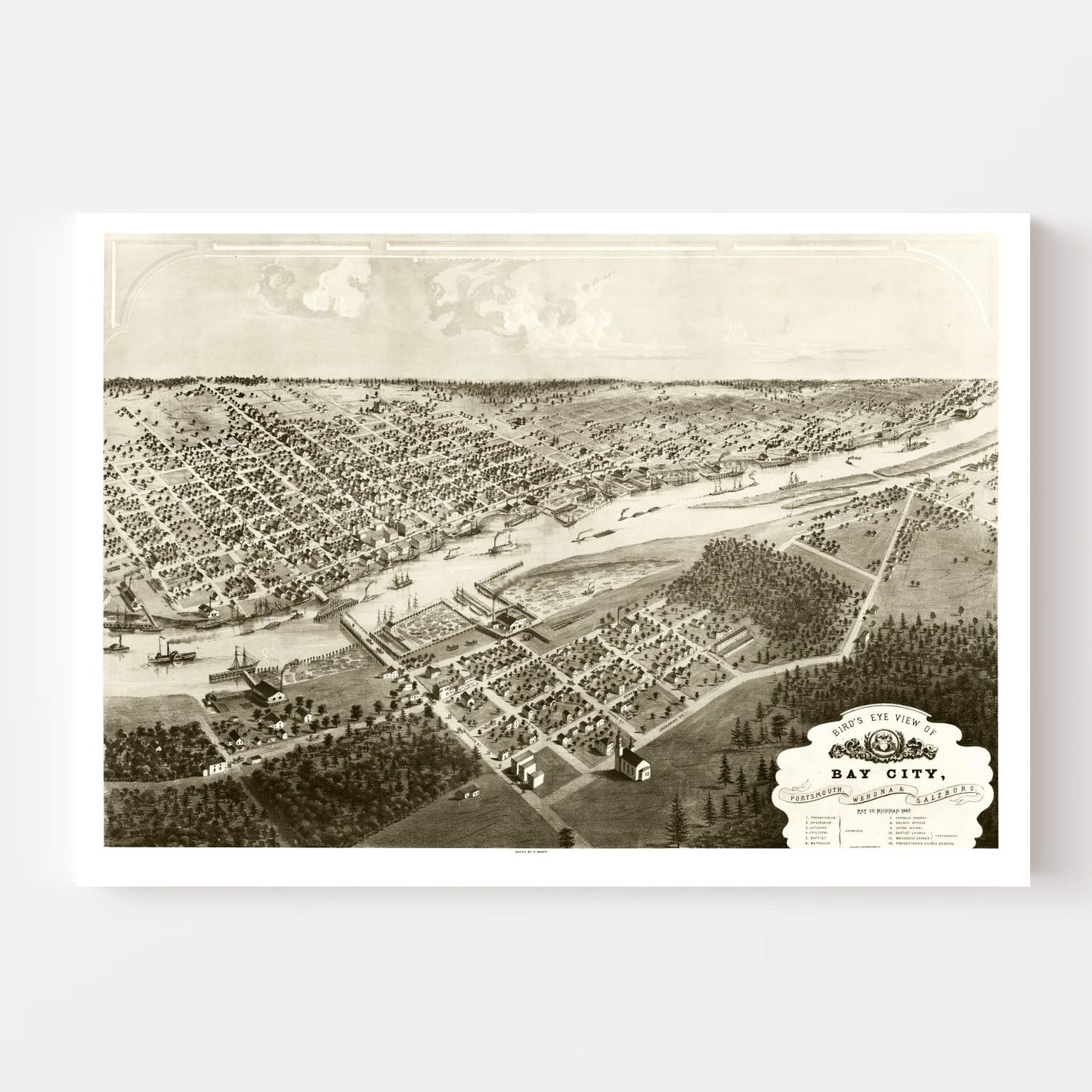 Vintage Map of Bay City, Michigan 1867