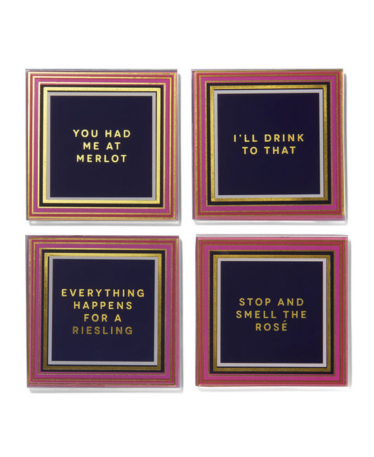 Wine Enthusiast Pink and Gold Glass Coasters - Set of 4