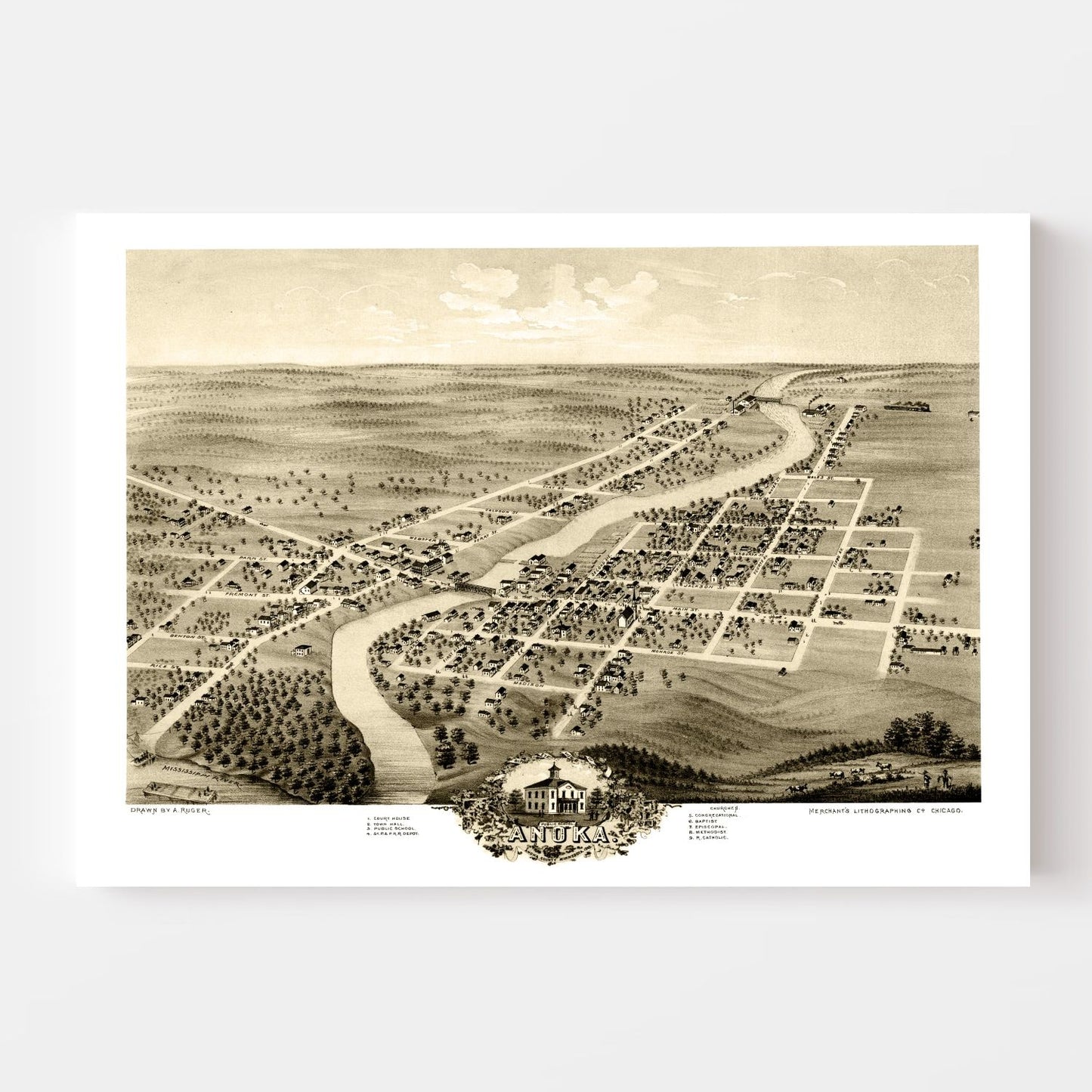 Vintage Map of Anoka, Minnesota 1869