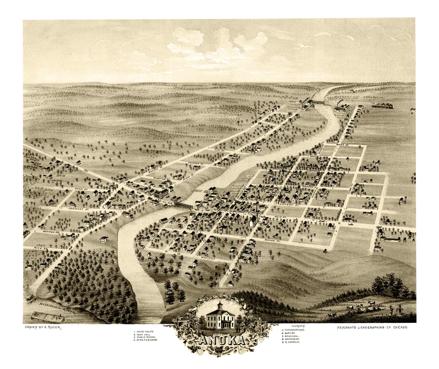 Vintage Map of Anoka, Minnesota 1869