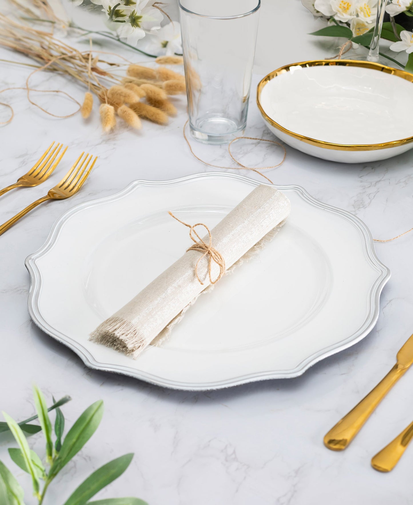 LACEY WHITE/SILVER SET OF 4 CHARGER PLATES 13"D