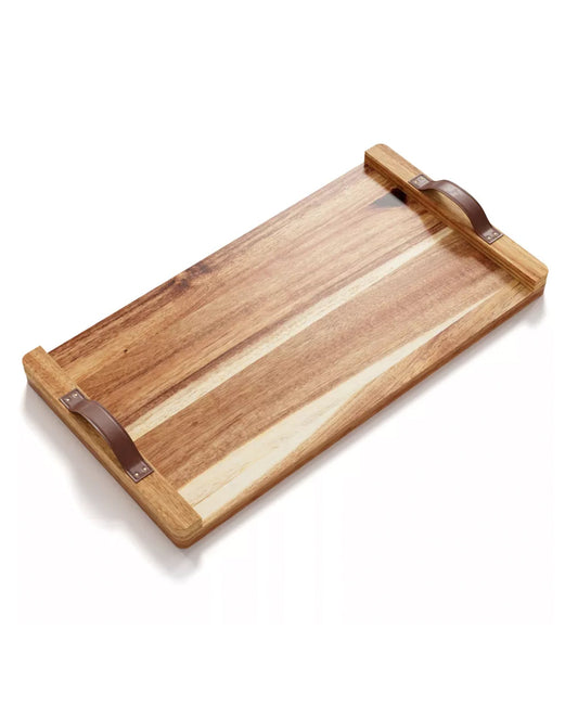ACACIA WOOD RECTANGULAR TRAY/BOARDS W/LEATHER HANDLES  18.89 X 9.84 X 2.64"