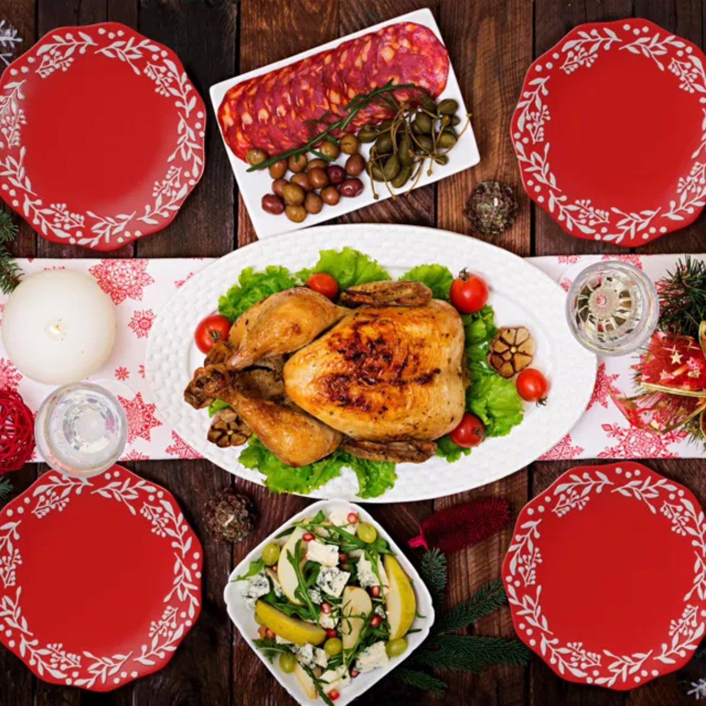 BIANCA MISTLETOE RED & WHITE  SET OF 4 DINNER PLATES 10.75" D  RB