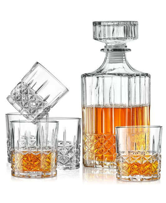 CLERMONT 7 PC WHISKEY SET RB  6 GLASSES  7.5 oz, 3.22”H x 2.95”D, DECANTER 25 oz, 8.77”H x 3.5”D