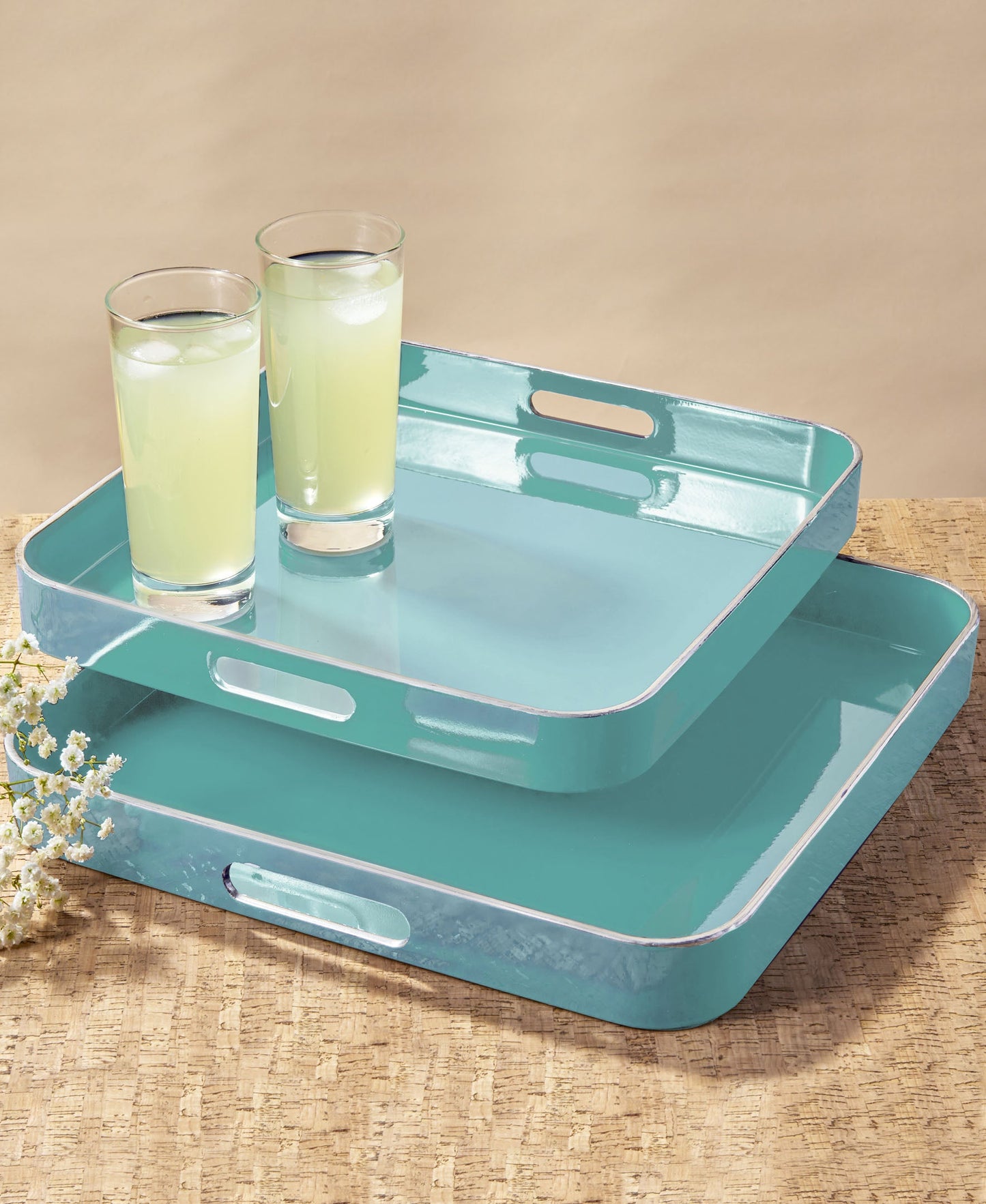 Turquoise Square Tray Set with Silver Rim, 2 Pieces