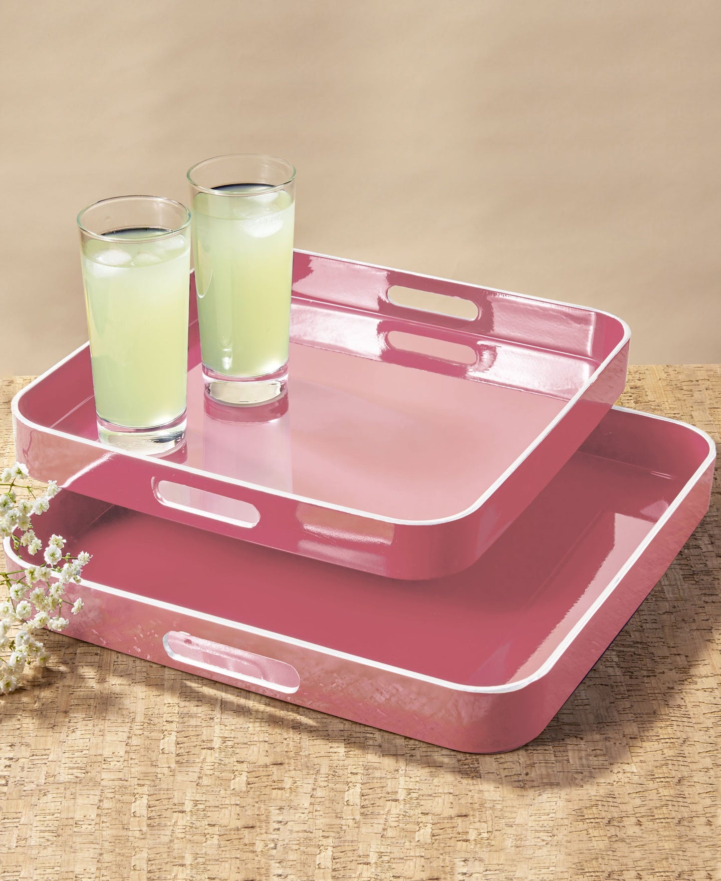Pink Square Tray Set with White Rim, 2 Pieces