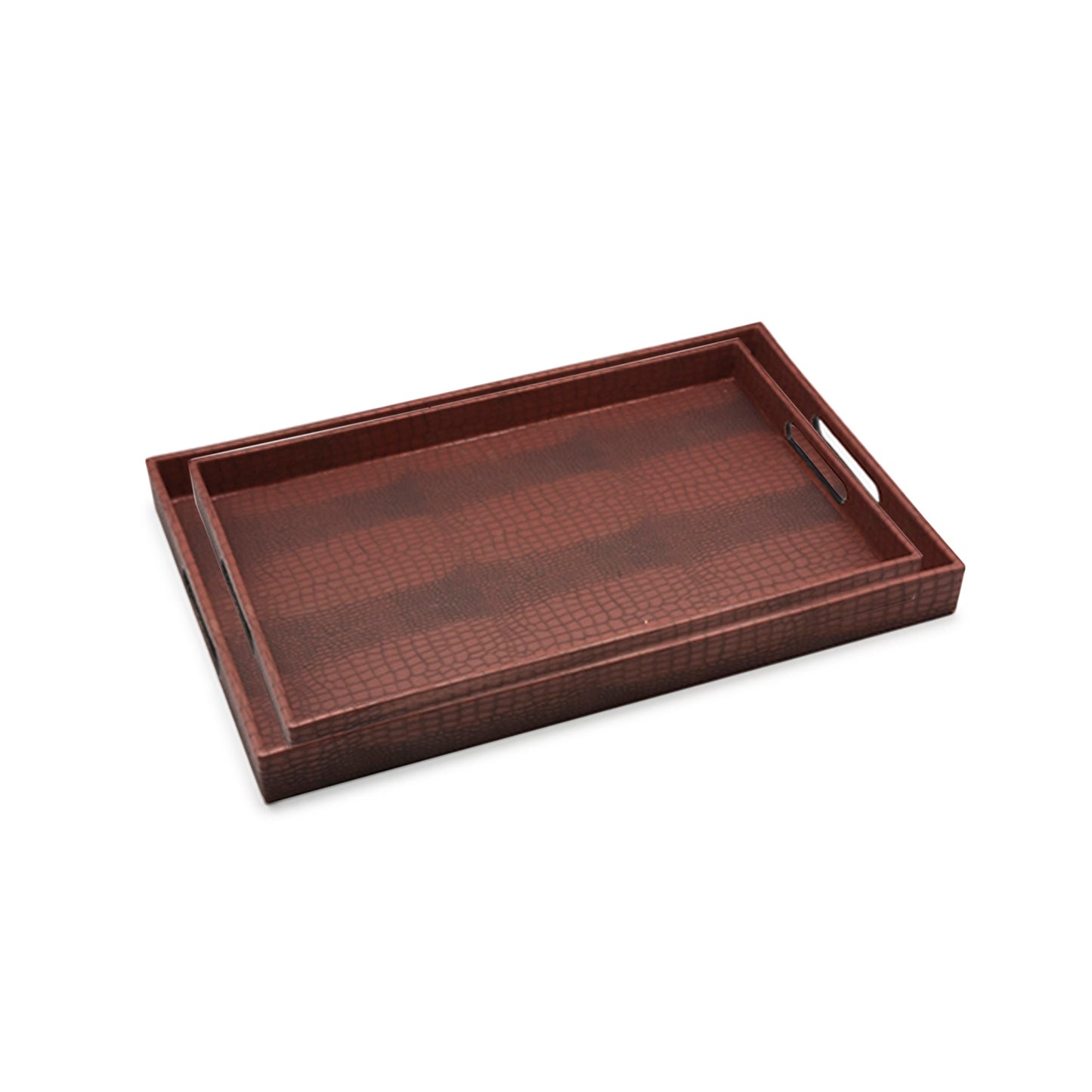 BROWN ALLIGATOR SET OF 2 LEATHER TRAYS medium   12X18", large 14 X 19"