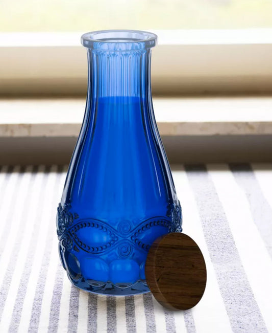 BLUE GLASS CARAFE with WOOD LID 37.2 oz, 4.72 x 9.45"  RB