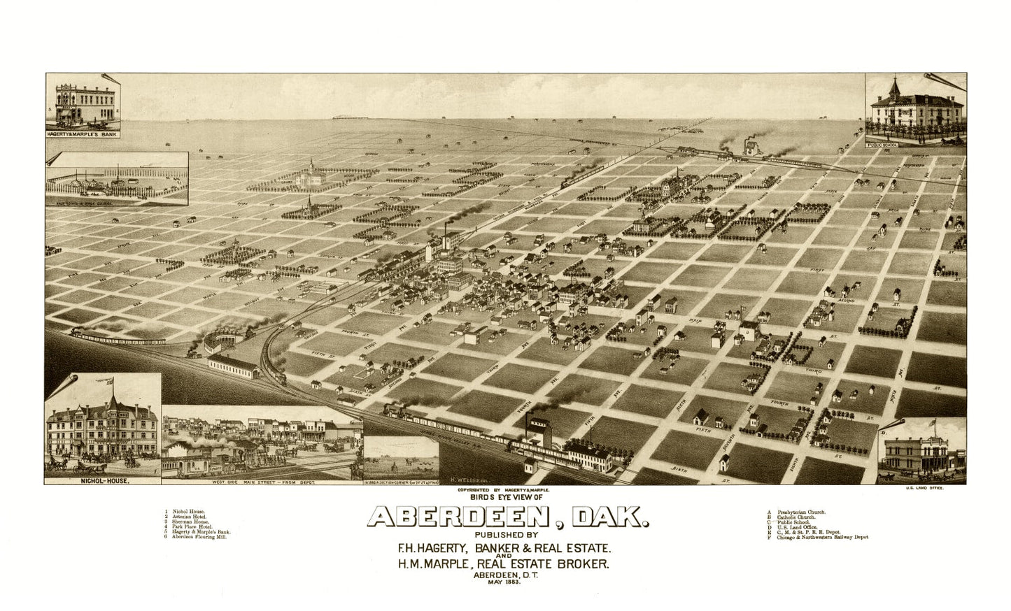 Vintage Map of Aberdeen, South Dakota 1883