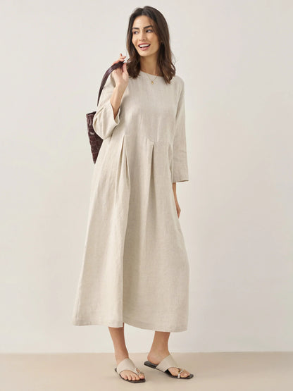 100% Linen Bateau Neck Pleated Midi Dress ABIGAIL