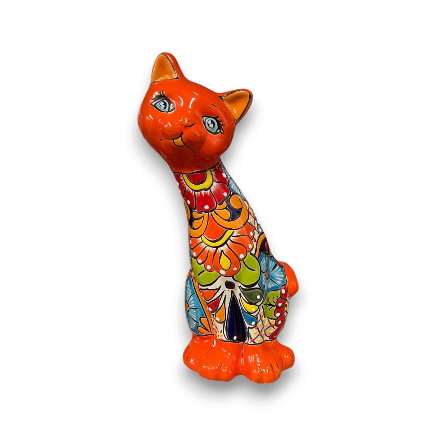 Talavera Curious Cat Statue | Mexican Folk Art Cat Figurine