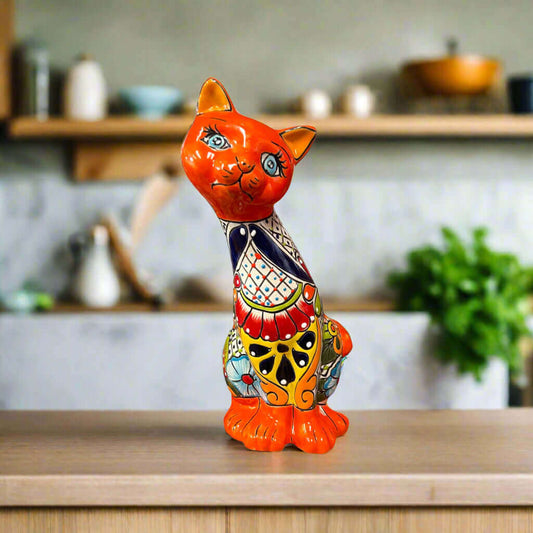 Talavera Curious Cat Statue | Mexican Folk Art Cat Figurine