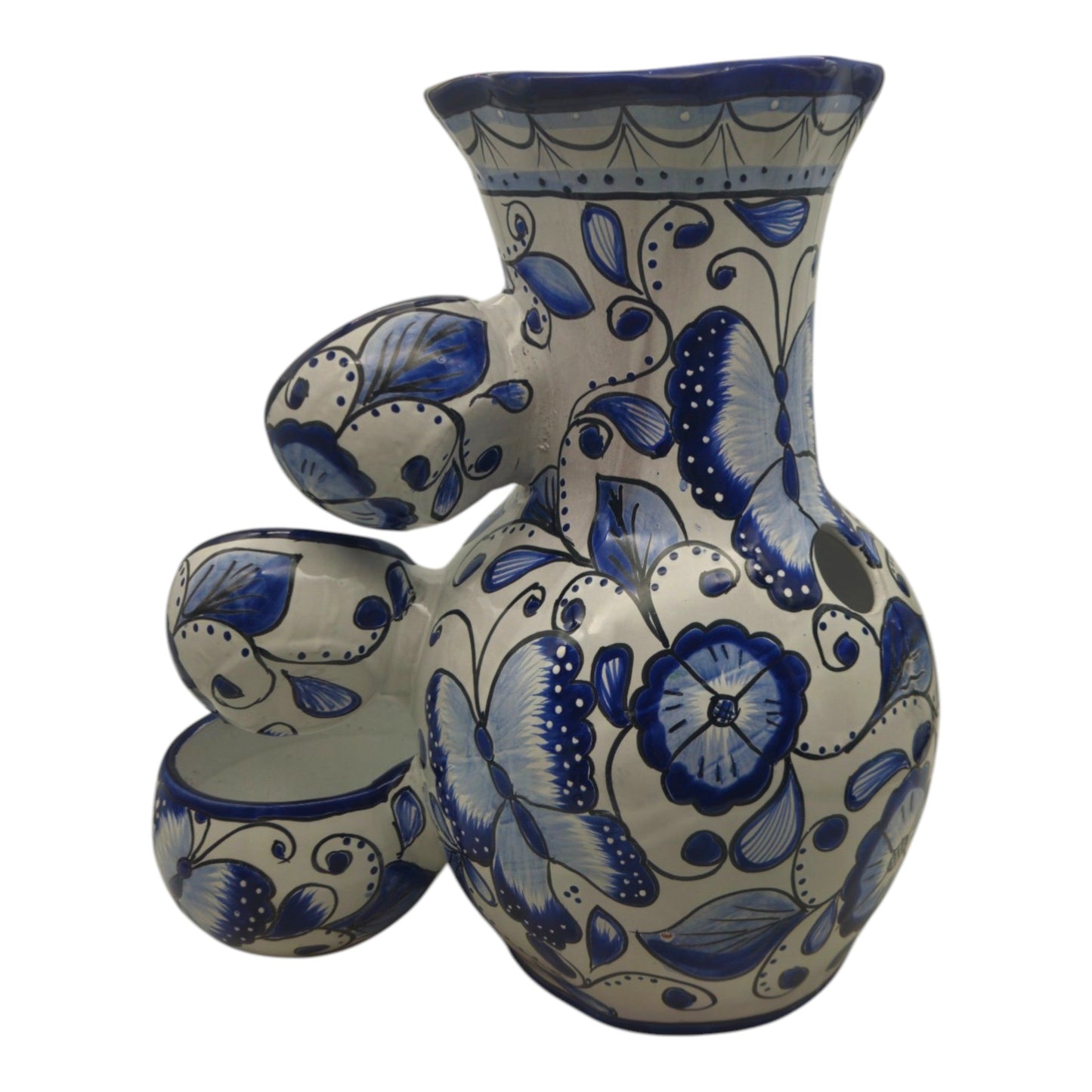 Blue & White Talavera Fountain | Handmade Floral Butterfly
