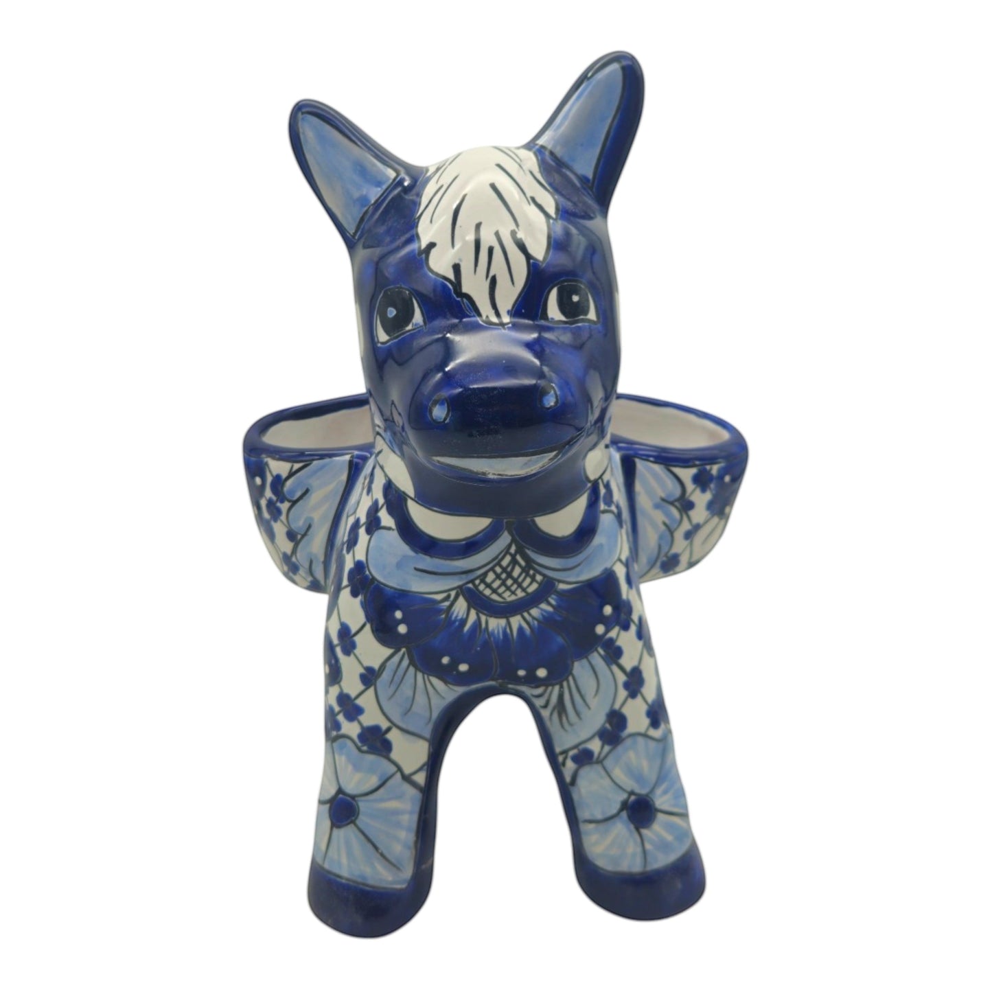 Blue & White Talavera Donkey Planter | Handmade Mexican Art