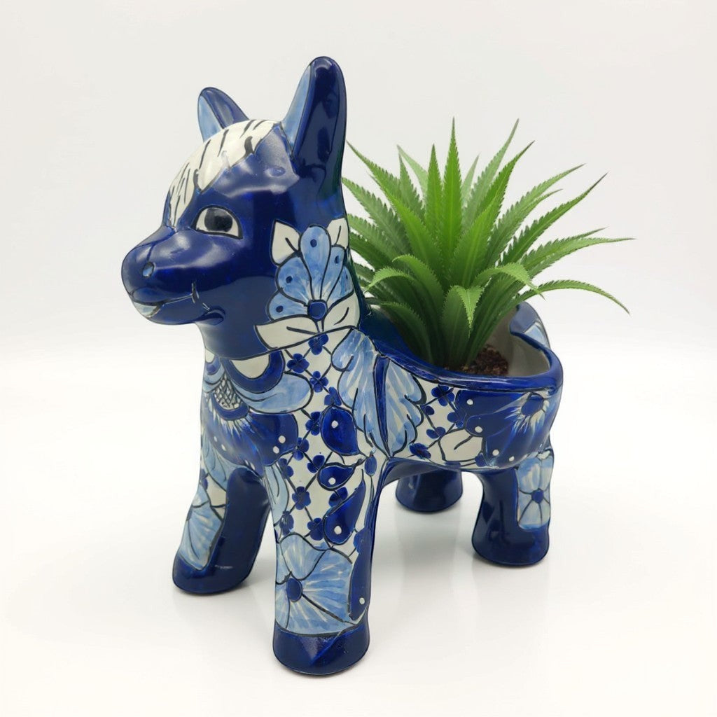 Blue & White Talavera Donkey Planter | Handmade Mexican Art