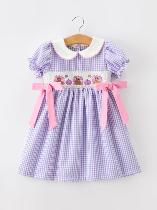 Thanksgiving Turkey Smocked Plaid Bow Girls Dress