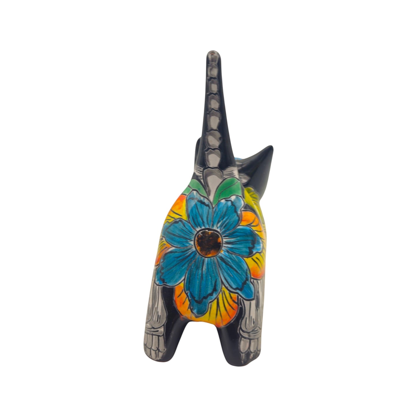 Talavera Stretching Cat Statue | Day of the Dead Floral Design