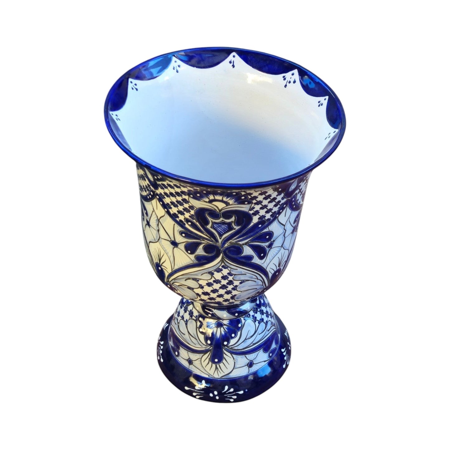 Extra Large Talavera Planter | Hand-Painted Blue Pedestal Flower Pot
