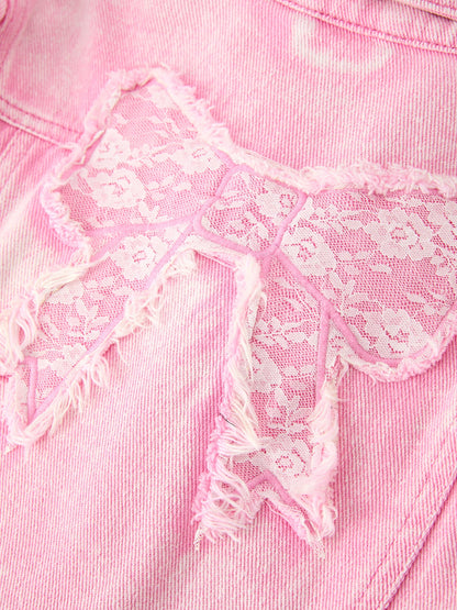 Girls Pink Denim Jacket with Lace Bow Back Detail