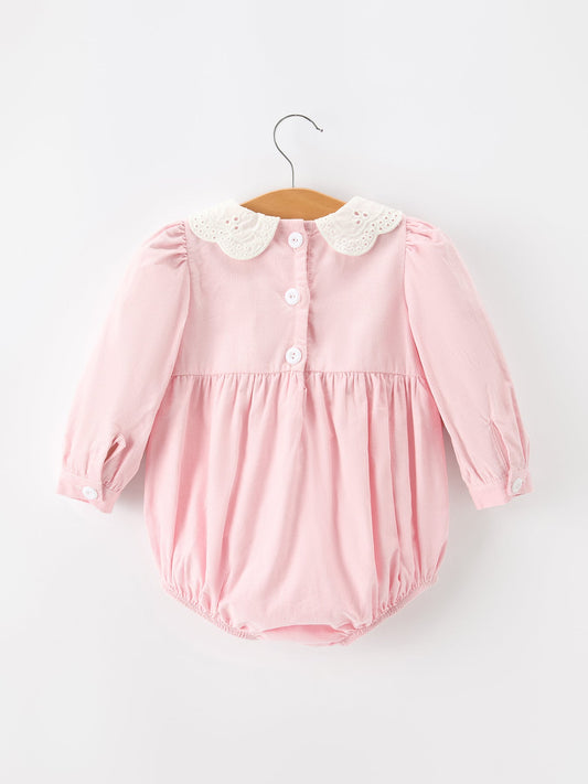 Fall Pink Smocked Baby Girl Corduroy Bubble Romper Peter Pan Collar Floral Detail