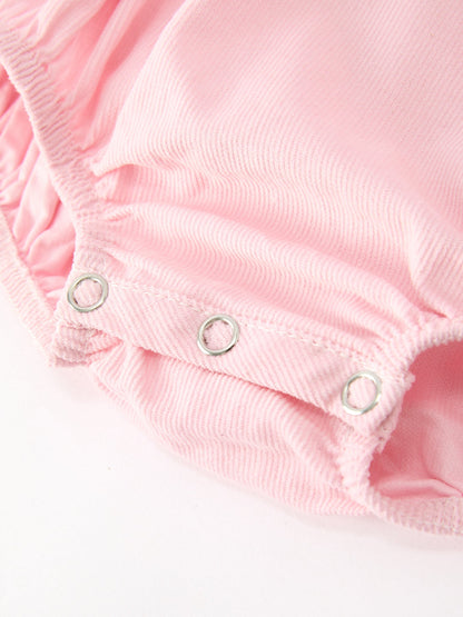 Fall Pink Smocked Baby Girl Corduroy Bubble Romper Peter Pan Collar Floral Detail
