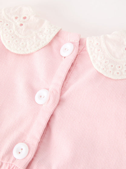 Fall Pink Smocked Baby Girl Corduroy Bubble Romper Peter Pan Collar Floral Detail