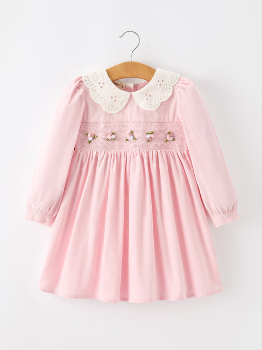 Fall Pink Smocked Girls Corduroy Dress Peter Pan Collar Long Sleeve Floral Detail