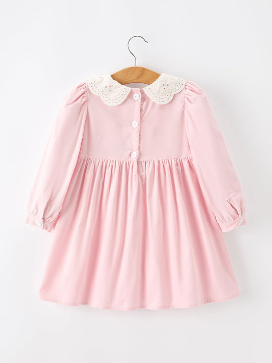 Fall Pink Smocked Girls Corduroy Dress Peter Pan Collar Long Sleeve Floral Detail