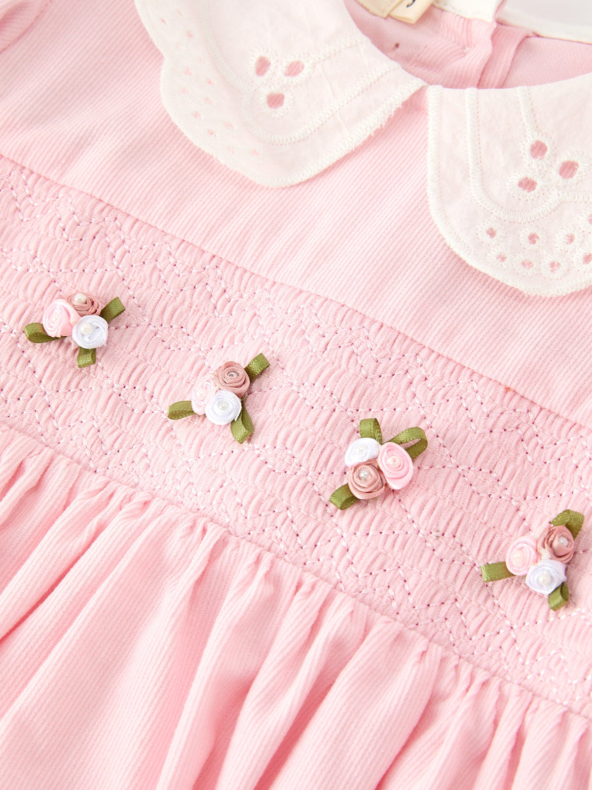 Fall Pink Smocked Girls Corduroy Dress Peter Pan Collar Long Sleeve Floral Detail