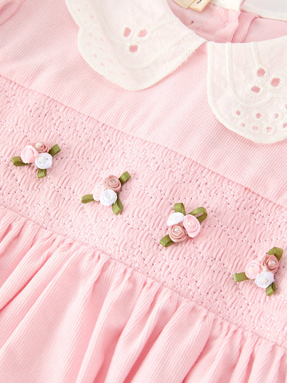 Fall Pink Smocked Girls Corduroy Dress Peter Pan Collar Long Sleeve Floral Detail