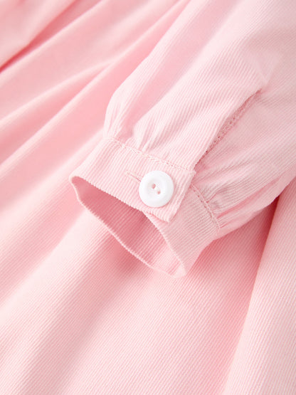 Fall Pink Smocked Girls Corduroy Dress Peter Pan Collar Long Sleeve Floral Detail