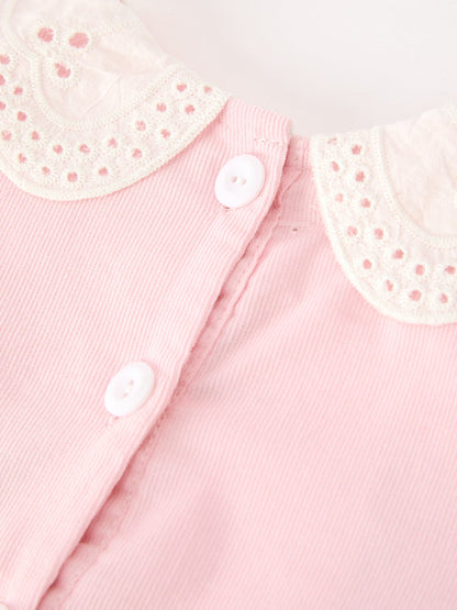 Fall Pink Smocked Girls Corduroy Dress Peter Pan Collar Long Sleeve Floral Detail